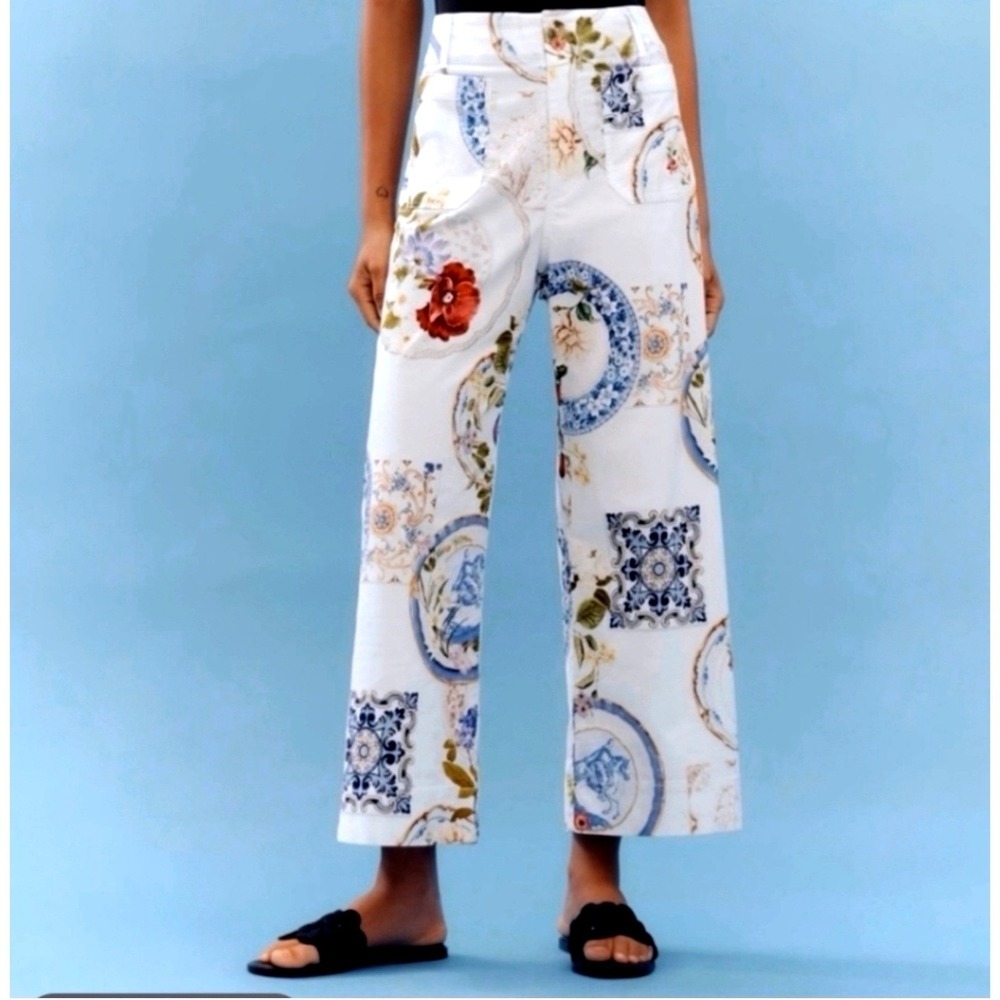 Maeve Anthropologie The‎ Colette Wide Leg Cropped Pants GWU Plate Print Size 24